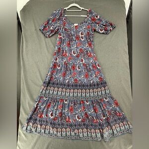KNOX ROSE Womens Blue Multi Floral Boho Peasant Maxi Dress Smocked Rayon M